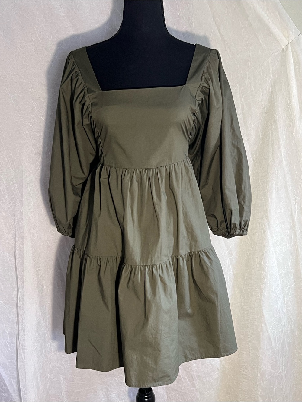 A new day Olive Green Square-Neck Tiered Dress with puff sleeves